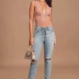 Free People Intimately Ribbed Bodysuit Pink Mauve Swoon First Call Sz Large Lace